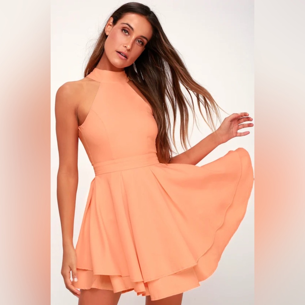 Lulus Dress Rehearsal Bright Peach Skater Mini Dress Halter Neck Open Back Sz M